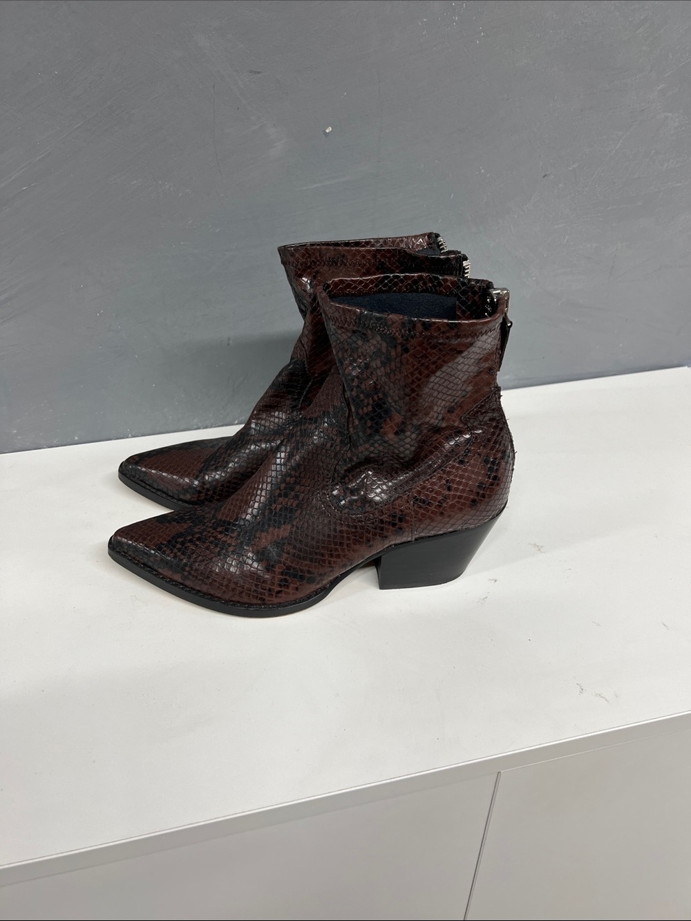 Dolce Vita Dark Brown Snake-Print Pointed Ankle Booties